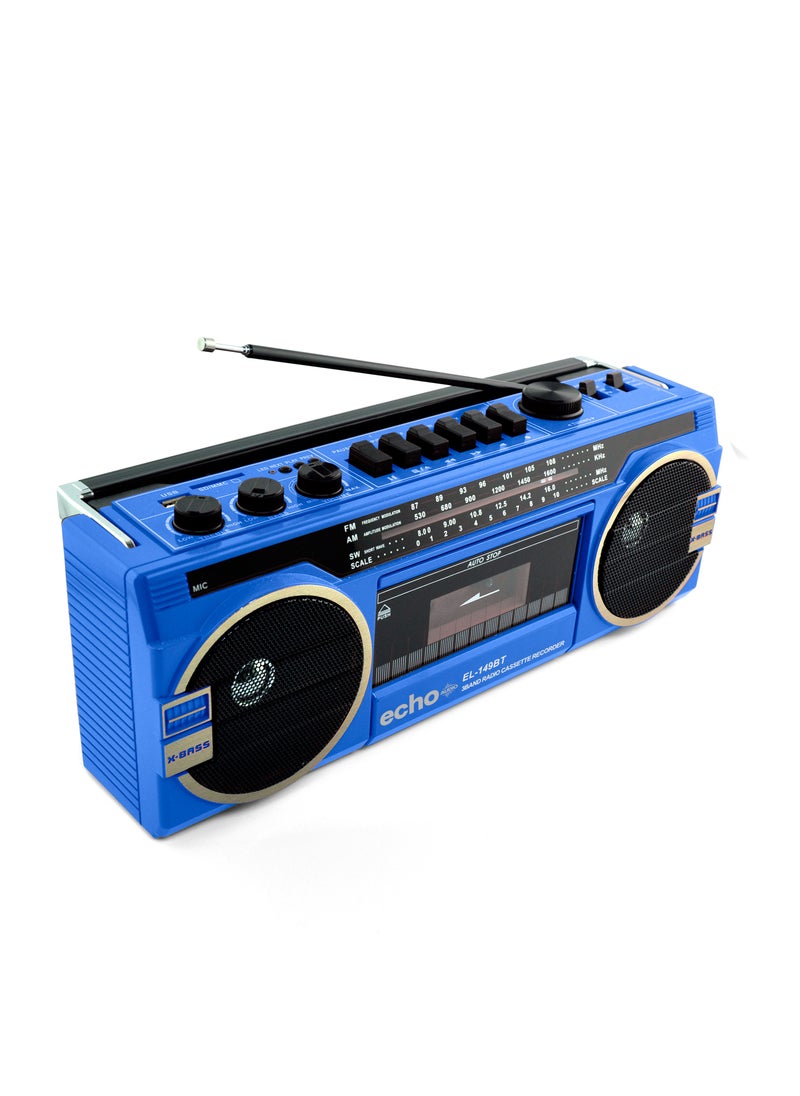 echo AUDIO Echo Audio Retro Blast Bluetooth Boombox Portable Cassette Player Tape Recorder AM/FM/SW 3 Band Radio Two 8W X-Bass Speakers Voice Recording Headphone Jack Supports USB and SD Cards  - Image 2