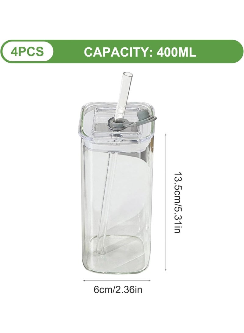 كيلا أكواب زجاجية مربعة مع أغطية وقشات، 4 قطع 400 مل 2 × 5 بوصة زجاجات مياه مقاومة للحرارة من الزجاج المربع للشرب للقهوة والعصير والمشروبات. - Image 3
