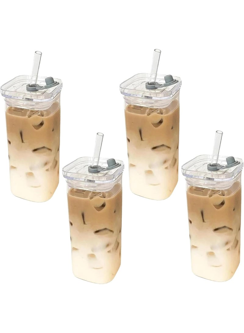 كيلا أكواب زجاجية مربعة مع أغطية وقشات، 4 قطع 400 مل 2 × 5 بوصة زجاجات مياه مقاومة للحرارة من الزجاج المربع للشرب للقهوة والعصير والمشروبات. - Image 1