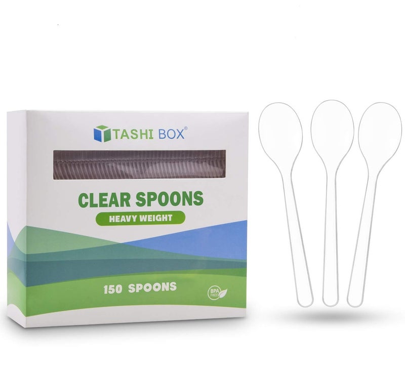 TashiBox 150 Plastic Spoons Disposable Clear Spoons Heavyweight Cutlery