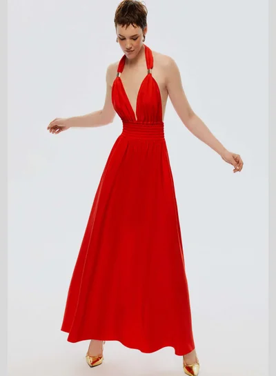 open lace back dress Red High-Neck Ruched Maxi Dress – Nocturne main image 0