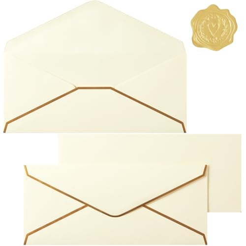 Topeen 30 Pack Thick #10 Business Envelopes with Gold Border, 4 1/8 x 9 1/2 Thick Paper Standard Envelopes with Stickers for Office, Checks, Letter Mailing, Invoices (Cream Color) - Image 1