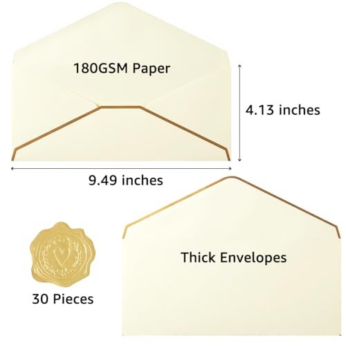 Topeen 30 Pack Thick #10 Business Envelopes with Gold Border, 4 1/8 x 9 1/2 Thick Paper Standard Envelopes with Stickers for Office, Checks, Letter Mailing, Invoices (Cream Color) - Image 2