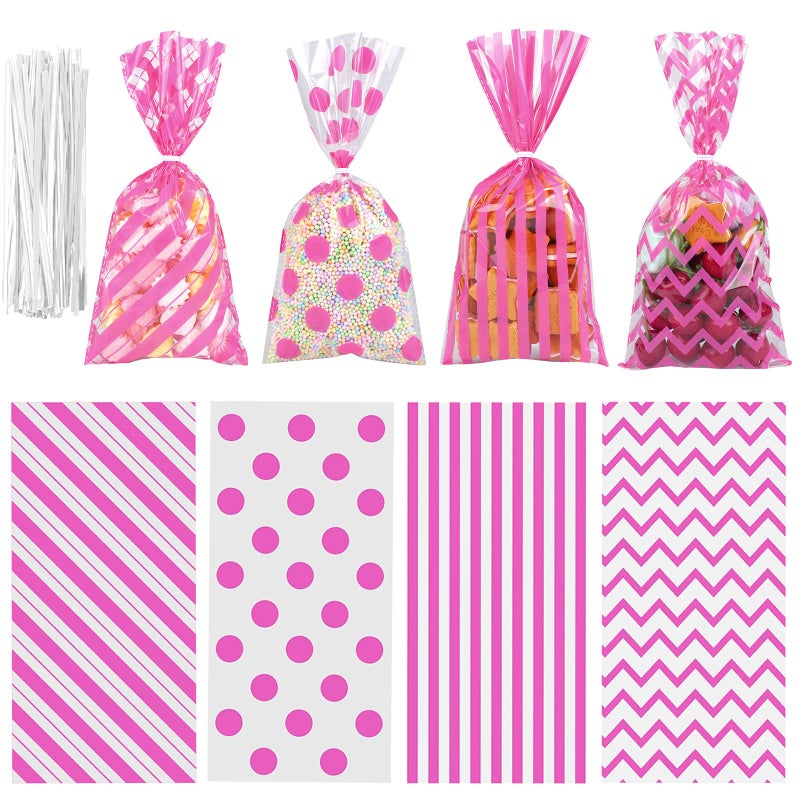 Aneco 100 Pack Pink Cellophane Bags 106 x 51 Inch Plastic Candy Bags Gift Bags Goodie Bags with Twist Ties for Valentine Birthday Gift Cookie Snack Packing Party Favor Supplies