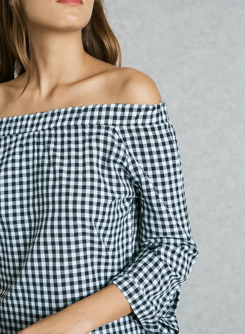 Ginger Checked Tie Sleeve Bardot Top