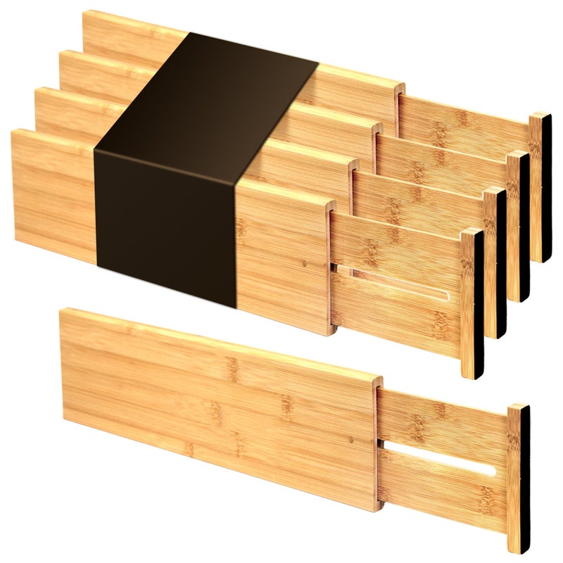 Utoplike Bamboo Drawer Dividers Large, 4'' High Adjustable Kitchen Drawer Organizers for Clothing, Spring Loaded, Works in Bathroom, Bedroom, Dresser, Desk, 4 pcs - Image 1