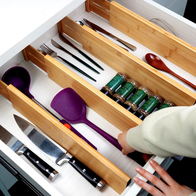 Utoplike Bamboo Drawer Dividers Large, 4'' High Adjustable Kitchen Drawer Organizers for Clothing, Spring Loaded, Works in Bathroom, Bedroom, Dresser, Desk, 4 pcs - Image 5