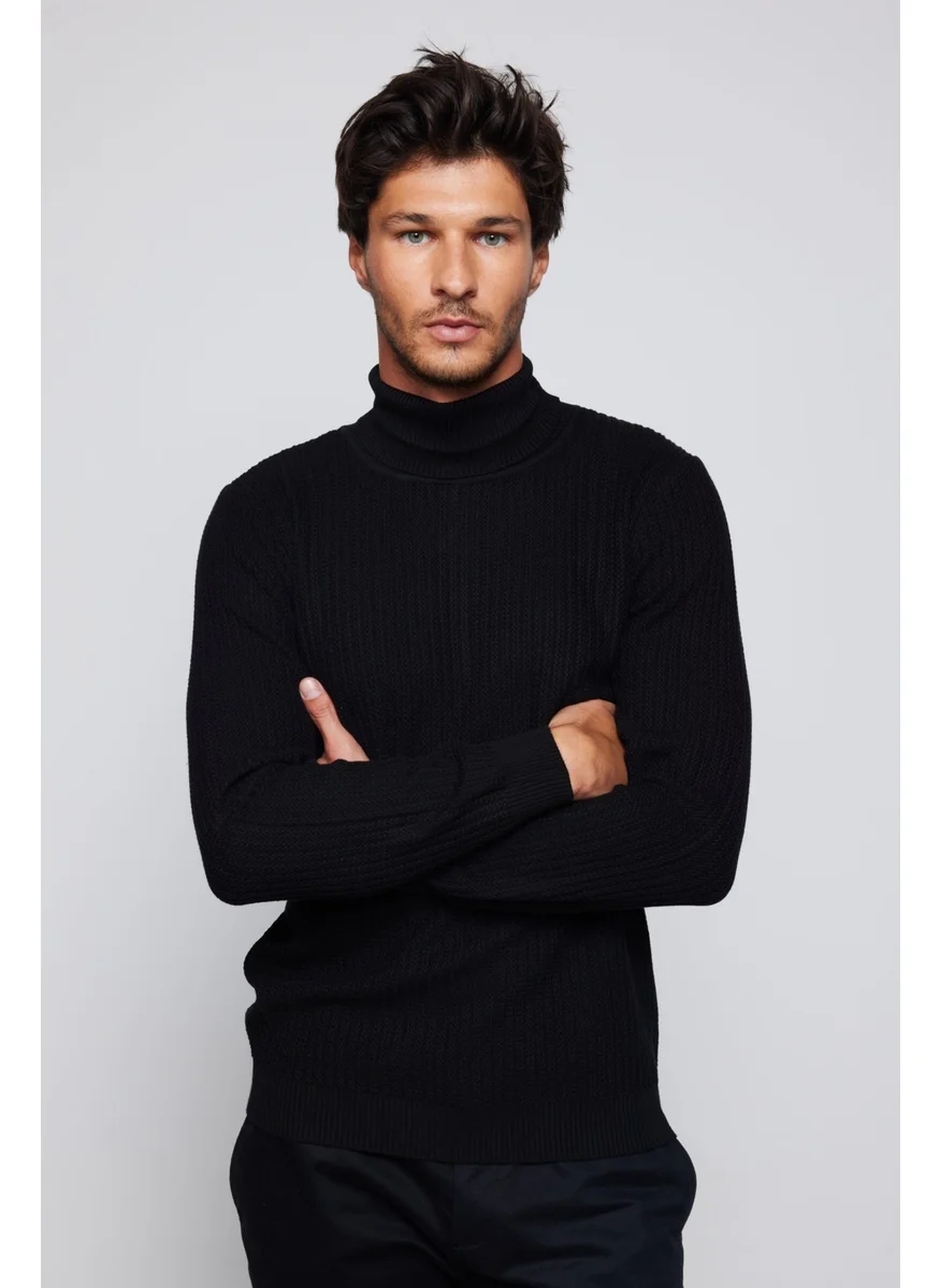 Tudors Men's Slim Fit Full Turtleneck Non-Pilling Black Sweater