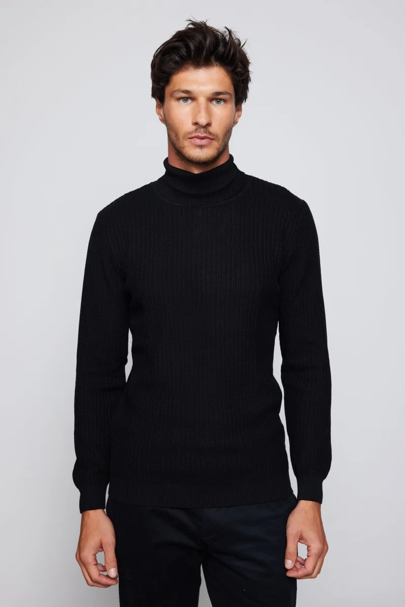 Tudors Men's Slim Fit Full Turtleneck Non-Pilling Black Sweater