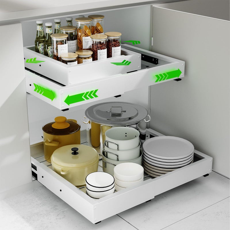 PARTNERJOY 2 Pack Expandable Pull Out Cabinet Organizer, Width (12"-19" ) & Depth (16.5"-22")No Drill Adjustable Cabinet Pull Out Shelves for Kitchen,Pantry, Adhesive Roll Out Shelves for Kitchen Cabinets-White - Image 1