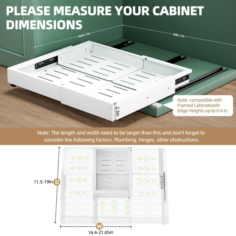 PARTNERJOY 2 Pack Expandable Pull Out Cabinet Organizer, Width (12"-19" ) & Depth (16.5"-22")No Drill Adjustable Cabinet Pull Out Shelves for Kitchen,Pantry, Adhesive Roll Out Shelves for Kitchen Cabinets-White - Image 2