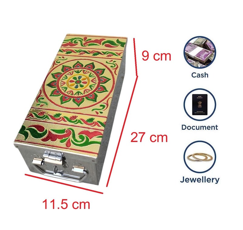 GvanyS Stainless Steel Storage Box For Jewellery Pooja peti Safe Locker Cash Box Size-10 Inch (L - 27.5 cm, W-11.5 cm, H - 8.5 cm) With Handicrafts Digital Minakari Laser Print Design - Image 3