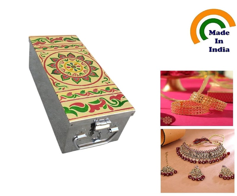 GvanyS Stainless Steel Storage Box For Jewellery Pooja peti Safe Locker Cash Box Size-10 Inch (L - 27.5 cm, W-11.5 cm, H - 8.5 cm) With Handicrafts Digital Minakari Laser Print Design - Image 4