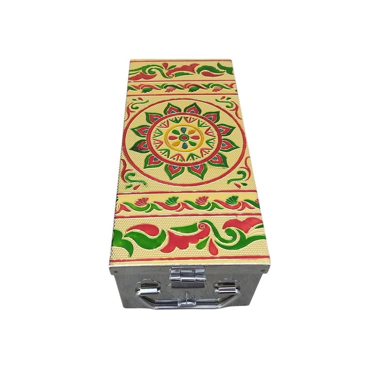 GvanyS Stainless Steel Storage Box For Jewellery Pooja peti Safe Locker Cash Box Size-10 Inch (L - 27.5 cm, W-11.5 cm, H - 8.5 cm) With Handicrafts Digital Minakari Laser Print Design - Image 1