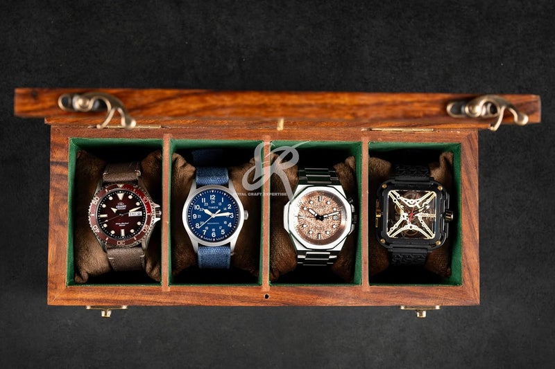 Royal Craft Expertise صندوق ساعة 4 فتحات للرجال، صناديق ساعات خشبية، صندوق علبة ساعة للرجال، صندوق تخزين ساعة، صندوق منظم لعرض العلبة، هدية عيد الميلاد، عيد الحب، يوم الأب (بني وردي) - Image 5
