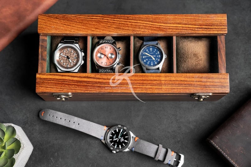 Royal Craft Expertise صندوق ساعة 4 فتحات للرجال، صناديق ساعات خشبية، صندوق علبة ساعة للرجال، صندوق تخزين ساعة، صندوق منظم لعرض العلبة، هدية عيد الميلاد، عيد الحب، يوم الأب (بني وردي) - Image 4