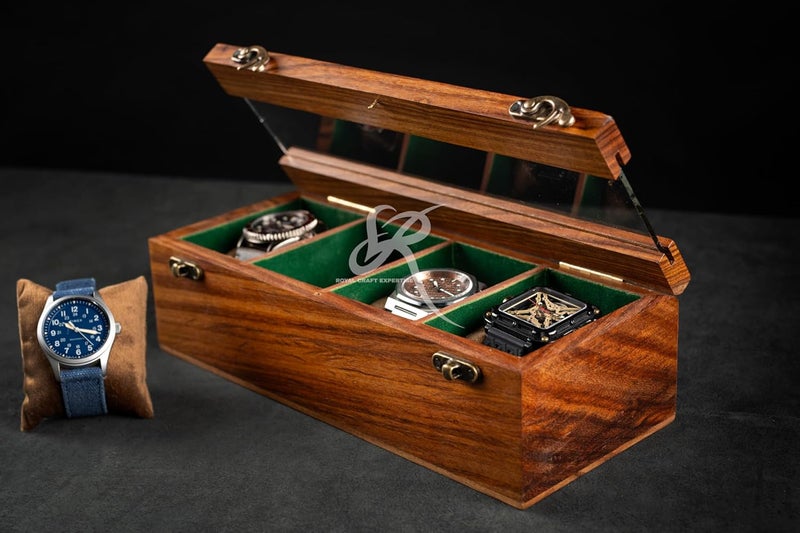 Royal Craft Expertise صندوق ساعة 4 فتحات للرجال، صناديق ساعات خشبية، صندوق علبة ساعة للرجال، صندوق تخزين ساعة، صندوق منظم لعرض العلبة، هدية عيد الميلاد، عيد الحب، يوم الأب (بني وردي) - Image 3
