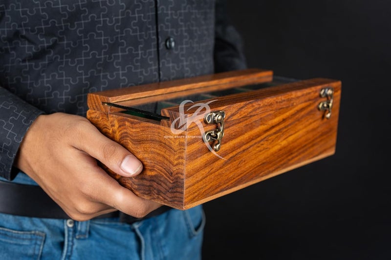 Royal Craft Expertise صندوق ساعة 4 فتحات للرجال، صناديق ساعات خشبية، صندوق علبة ساعة للرجال، صندوق تخزين ساعة، صندوق منظم لعرض العلبة، هدية عيد الميلاد، عيد الحب، يوم الأب (بني وردي) - Image 2