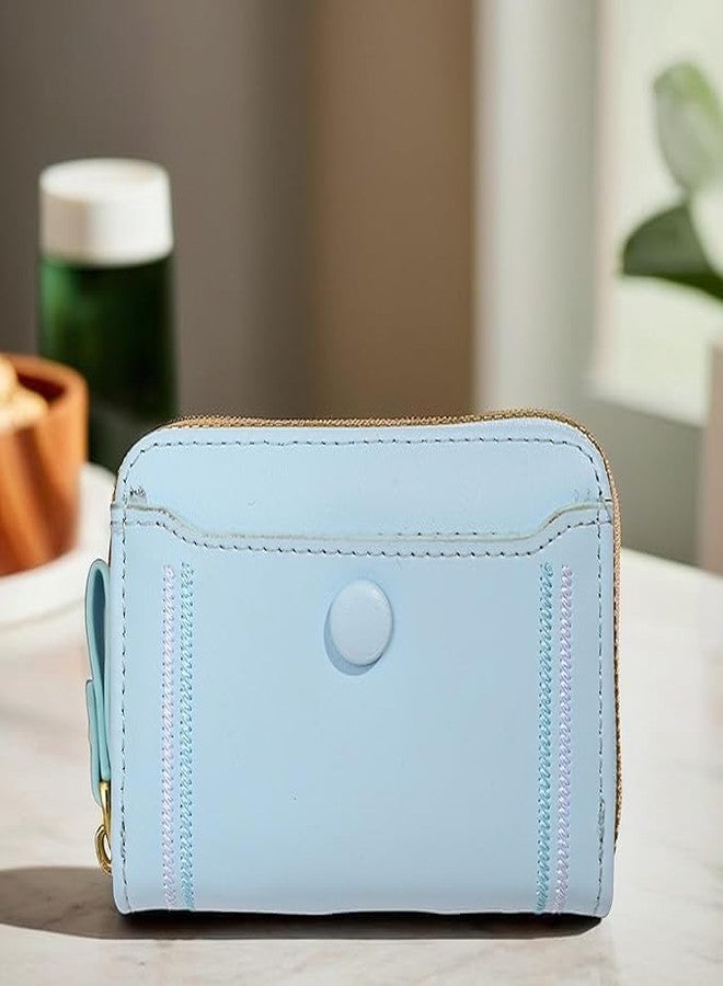 Kuber Industries PU Embroidered Thread Work Credit Card Case Holder Purse, Coin Pocket Wallet for Women | Cute Mini Wallet for Girls | Hand Wallet for College Girls | KS-2, Light Blue - Image 2
