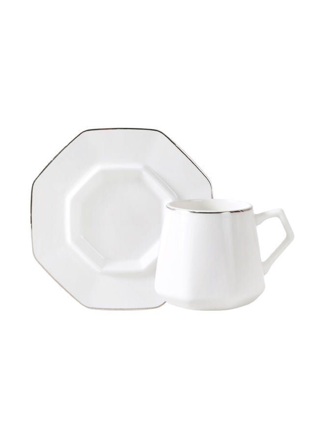 Celia 12-Piece Porcelain Coffee Cup & Saucer Set 100 ML White/Silver, Set for 6 People - Image 2