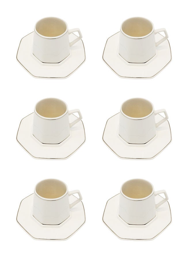 Celia 12-Piece Porcelain Coffee Cup & Saucer Set 100 ML White/Silver, Set for 6 People - Image 1