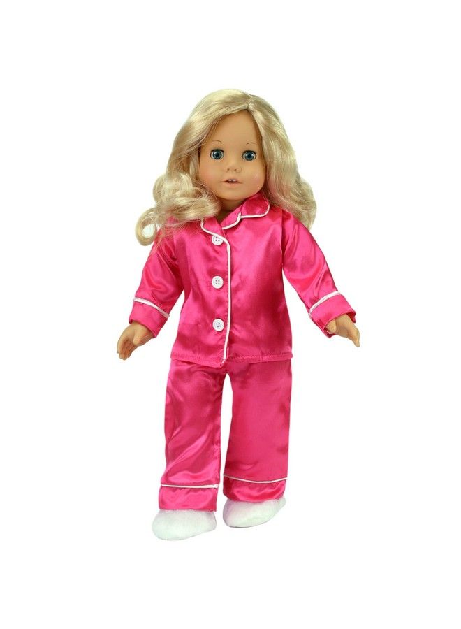 Sophia's 3 Piece Classic Satin Pajamas With Piping And Buttons Includes Shirt Pants And White Faux Fur Slippers For 18 Inch Dolls Hot Pink - Image 1