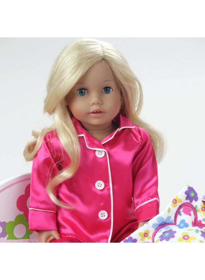 Sophia's 3 Piece Classic Satin Pajamas With Piping And Buttons Includes Shirt Pants And White Faux Fur Slippers For 18 Inch Dolls Hot Pink - Image 3