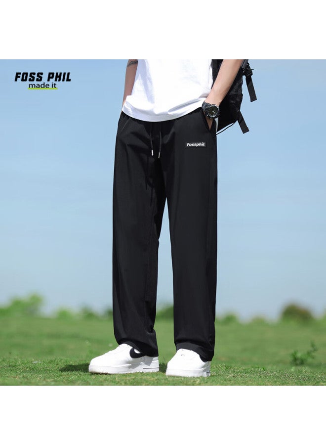 Foss Phil Men's Casual Pants Spring Summer Breathable Ice Silk Straight Loose Fit Casual Sports Long Pants Fpdz1 Black M - Image 1
