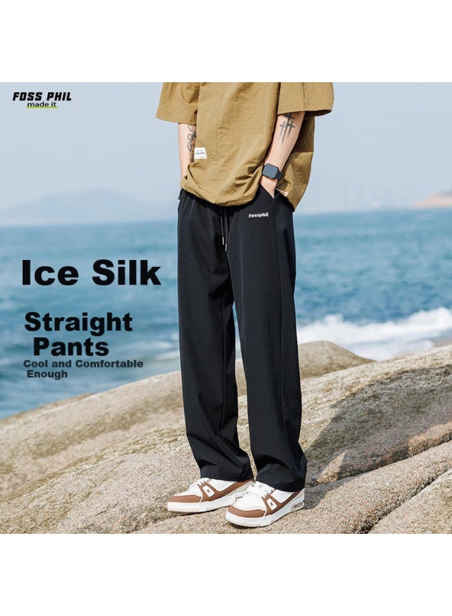 Foss Phil Men's Casual Pants Spring Summer Breathable Ice Silk Straight Loose Fit Casual Sports Long Pants Fpdz1 Black M - Image 5