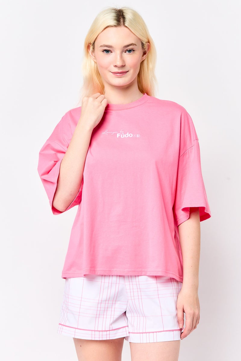 Fudo Women 2 Pcs Embroidered Logo Pajama Top And Check Shorts, Multicolor - Image 1