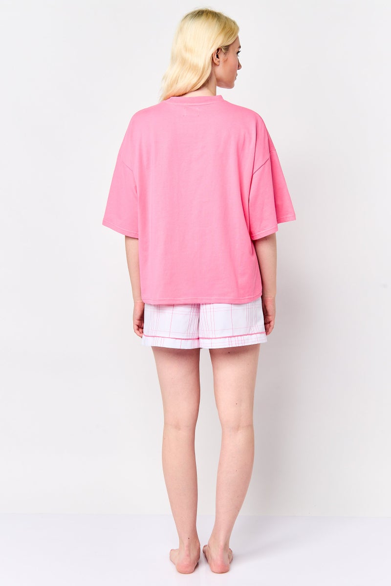 Fudo Women 2 Pcs Embroidered Logo Pajama Top And Check Shorts, Multicolor - Image 4