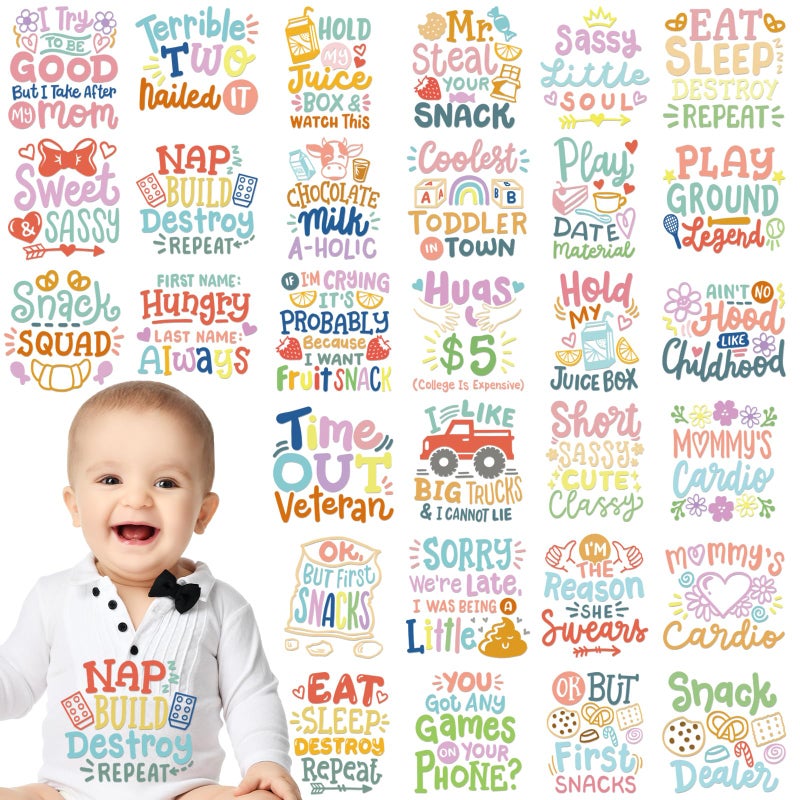 INCOK Funny Baby Quotes DTF Transfers Ready to Press - 30 Sheets Onesie Decorating Kit Baby Shower, Iron on Transfers for T Shirts Iron on Decals Patches for Bibs Bodysuit Pillow Cover DIY Gift - Image 2