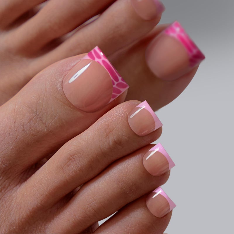 BTArtbox Press On Toenails - Lamp-Curable Sharp Square Toe Nail Press Ons with Glue for Women, Semi-Transparent French Tip Fake Toe Nail Tips in 15 Sizes - 30 Toenails Kit, Pink Croc - Image 1