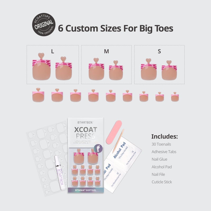BTArtbox Press On Toenails - Lamp-Curable Sharp Square Toe Nail Press Ons with Glue for Women, Semi-Transparent French Tip Fake Toe Nail Tips in 15 Sizes - 30 Toenails Kit, Pink Croc - Image 3