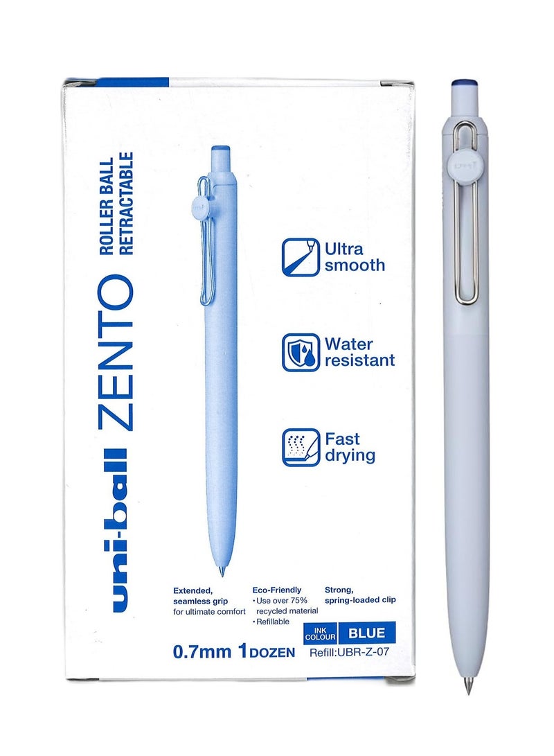 Uniball 12-Piece Zento Retractable Rollerball Pen 0.7mm Tip Blue Ink White Barrel - Image 1