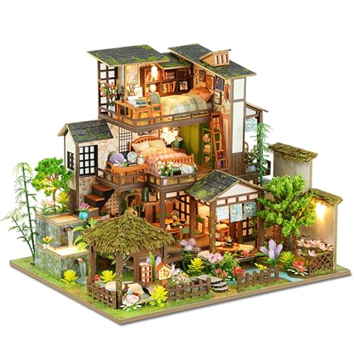 ISSEVE DIY Miniature House Kit Tiny House Dollhouse Kit for Adults Mini House Building Kits Miniature Kit Adult Craft Diorama Kit Home Bookshelf Decoration Birthday Gifts Bamboo Spring Courtyard - Image 1