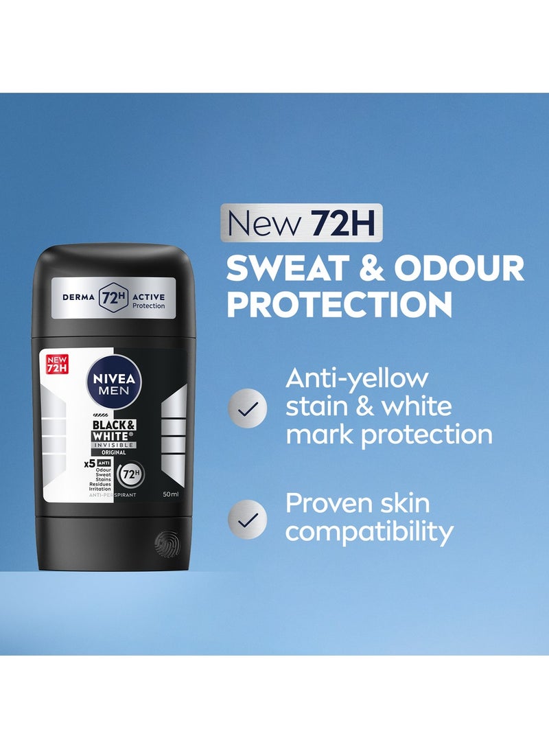 Nivea Men Black And White 5In1 Invisible Antiperspirant Deodorant Stick Original 72H Active Protection 50ml - Image 2