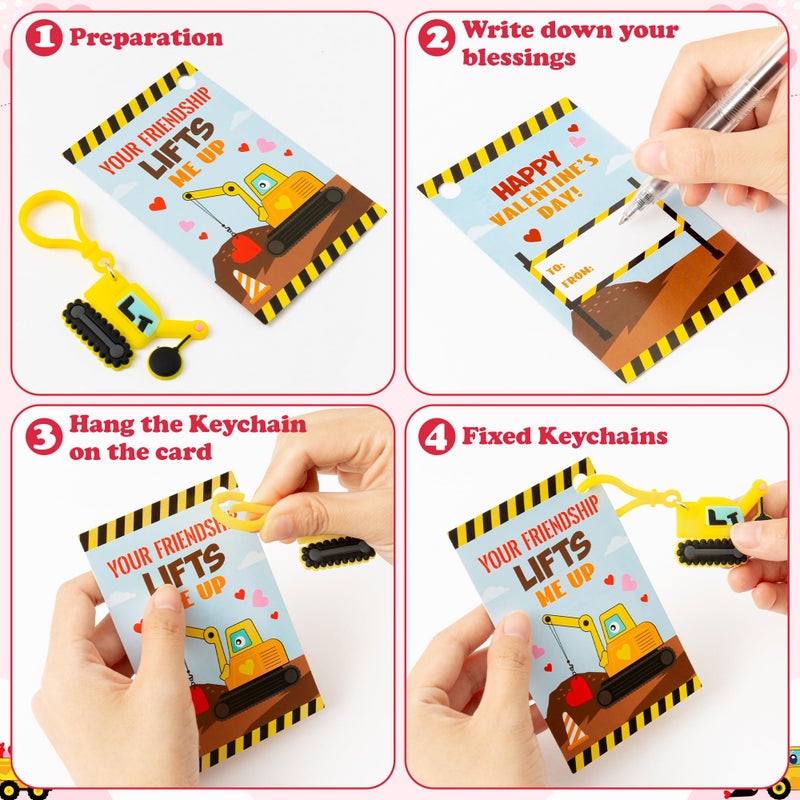 Haooryx Valentine's Day Gift Cards with Construction Vehicles Keychains - 30 Pack Engineering Truck Keychain Key Rings for Kid Classroom School Prizes Valentine's Day Party Exchange Gift Cards Supply - Image 4