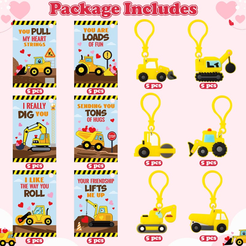 Haooryx Valentine's Day Gift Cards with Construction Vehicles Keychains - 30 Pack Engineering Truck Keychain Key Rings for Kid Classroom School Prizes Valentine's Day Party Exchange Gift Cards Supply - Image 2