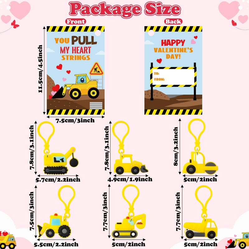 Haooryx Valentine's Day Gift Cards with Construction Vehicles Keychains - 30 Pack Engineering Truck Keychain Key Rings for Kid Classroom School Prizes Valentine's Day Party Exchange Gift Cards Supply - Image 3