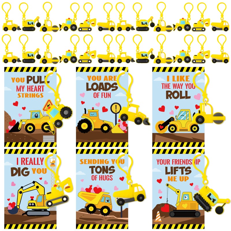 Haooryx Valentine's Day Gift Cards with Construction Vehicles Keychains - 30 Pack Engineering Truck Keychain Key Rings for Kid Classroom School Prizes Valentine's Day Party Exchange Gift Cards Supply - Image 1