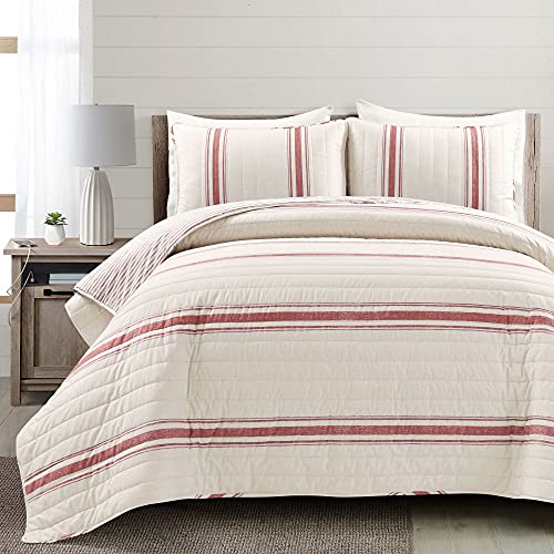 Lush Decor Farmhouse Stripe Reversible Cotton Quilt California King Size 3 Piece Set Red Farmhouse Bedding Set Cal King Quilt Striped Bedding - Image 1