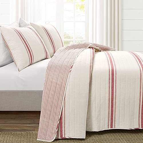 Lush Decor Farmhouse Stripe Reversible Cotton Quilt California King Size 3 Piece Set Red Farmhouse Bedding Set Cal King Quilt Striped Bedding - Image 3