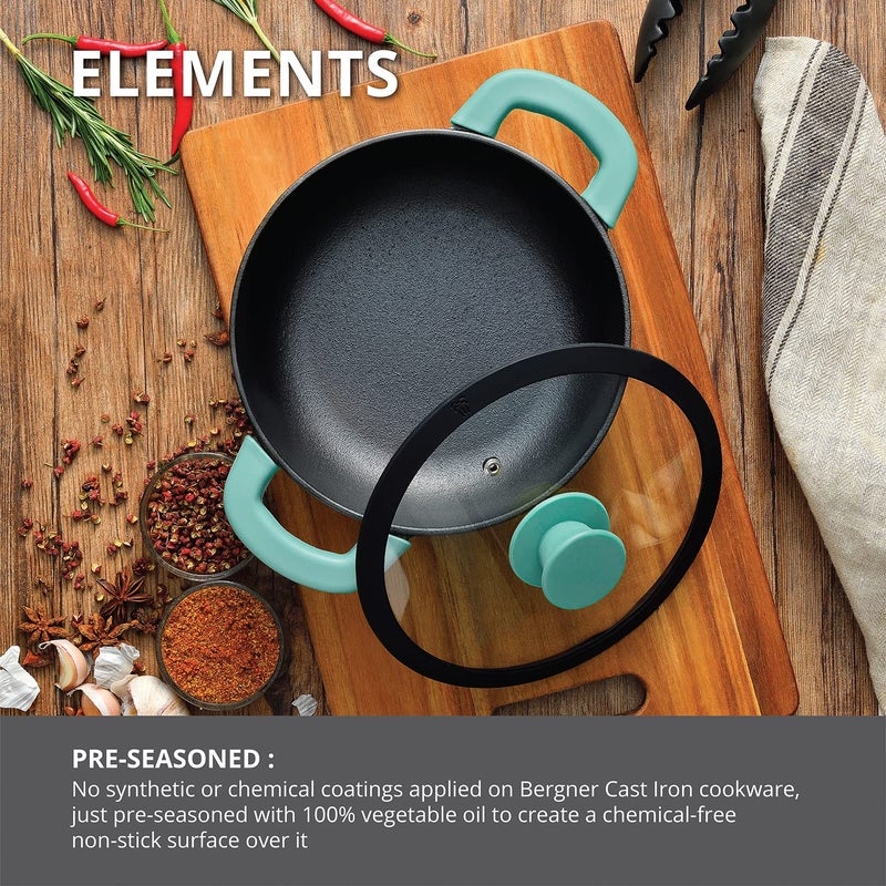 BERGNER Bergner Elements Cast Iron 24 cm Casserole PreSeasoned 36 L Capacity for SlowDumBiryaniCurryPulaoOnePotMealBakeServe Induction Gas Ready 7Year Warranty by Bergner  - Image 3