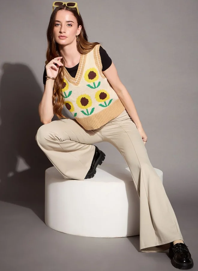 SASSAFRAS Beige High-Rise Bootcut Trousers for Women