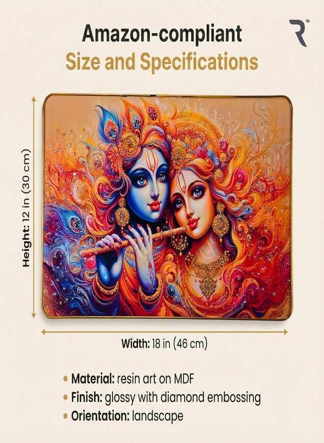 Reyal Radha Krishna Crystal Embedded High Gloss Wall Painting, Golden Slim Frame, 45x30 Cm (18x12 Inch) Wall Art for Living Room, Bedroom, Office & Home Décor (RK-04) - Image 3