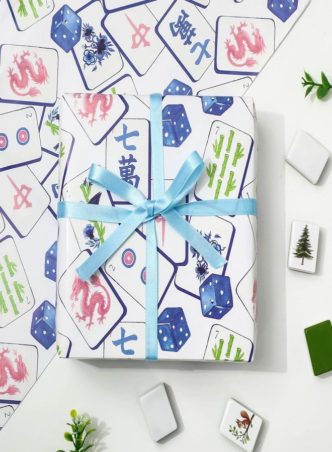 FYSUIMU 6 Sheets Mahjong Wrapping Paper - Not Roll - Watercolor Blue Mahjong Dice Gift Wrap Paper Folded Flat for Birthday Game Night DIY Crafts, 19.7 x 27.6 Inch - Image 1