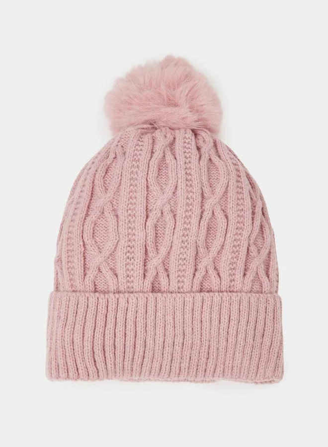 ستايلي Pink Cable Knit Beanie with Faux Fur Pompom