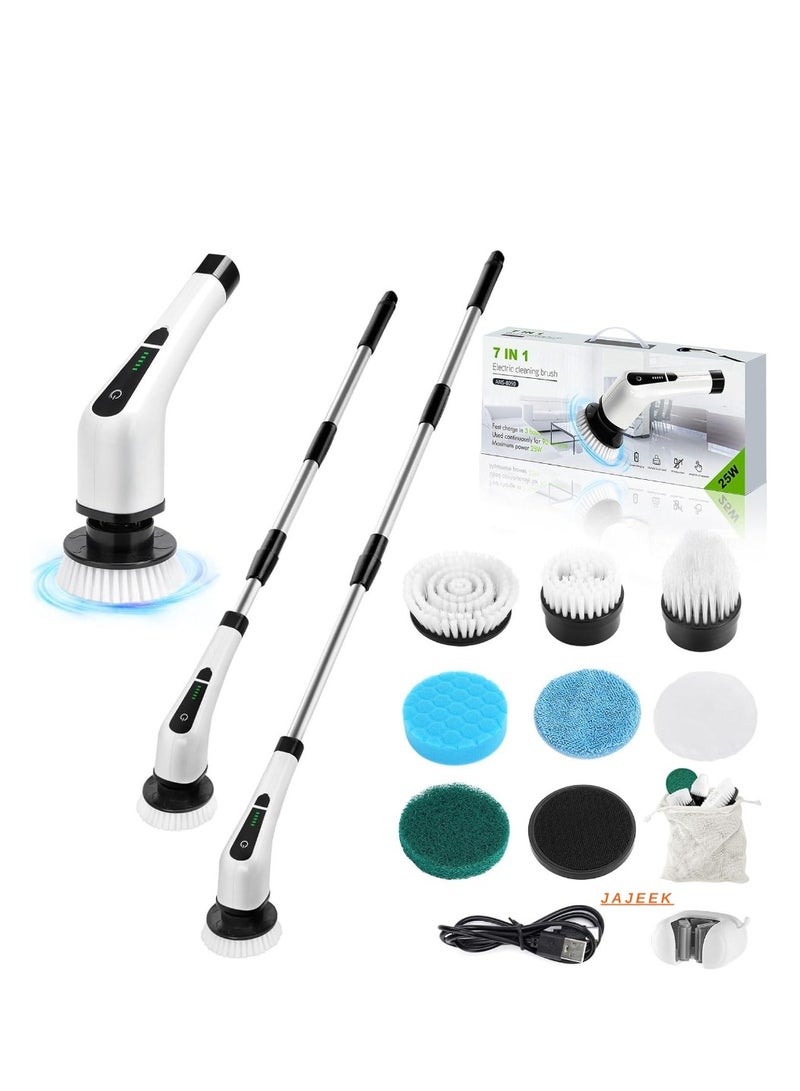 JAJEEK Cordless Rotating Electric Scrubber Brush with Long Handle & 7 Replaceable Cleaning Heads – Extendable as Short Handle, Portable Electric Shower Brush, Home Cleaning Tools for Floor, Tile, Bathroom, Kitchen & More  - Image 1