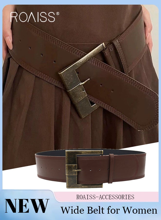roaiss Women's Retro Brown Wide Buckle PU Belt, Simple and Versatile Decorative Belt,Formal Shirt Jacket Waist Belts Suitable for Women Jeans, Sweaters, Suits, Dresses - Image 1